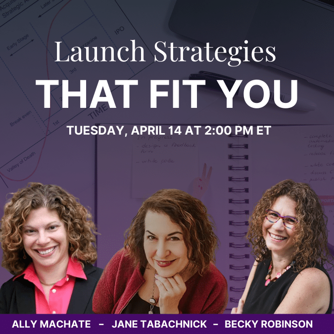 Book Launch Strategies Author Expert Panel square image featuring the three speakers - Ally Machete, Jane Tabachnick, and Becky Robinson.