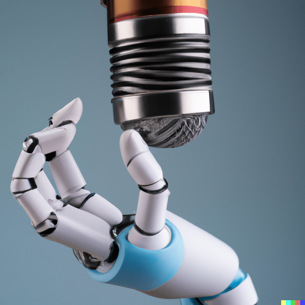 robot hand reaches for podcast microphone on a gray background