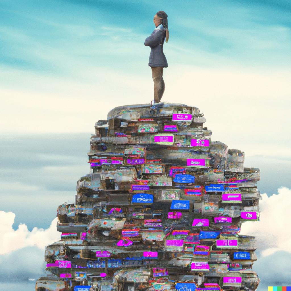 a woman stands on top of a tall mountain made of technology with clouds in the background.