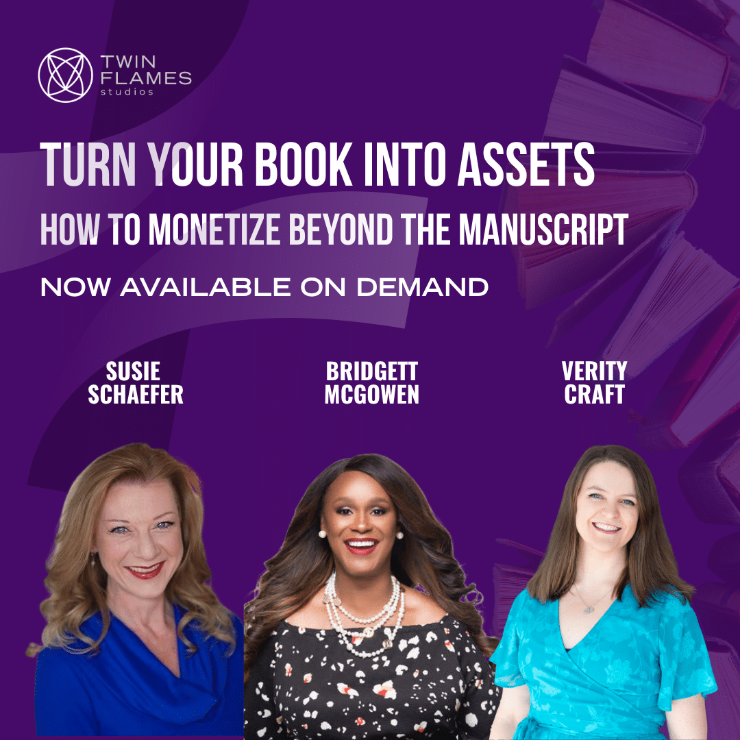 Turn you book into sellable assets - Author Expert Panel square image featuring the three speakers - Susie Schaeffer, Bridgett McGowen and Verity Craft