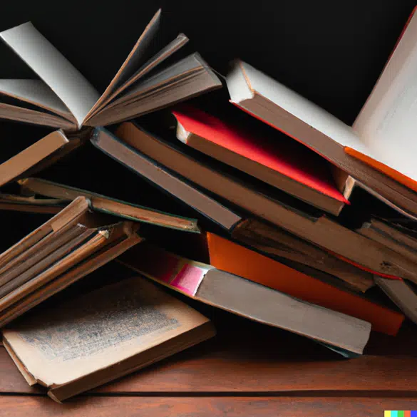 open and closed books scattered and stacked haphazardly on a table