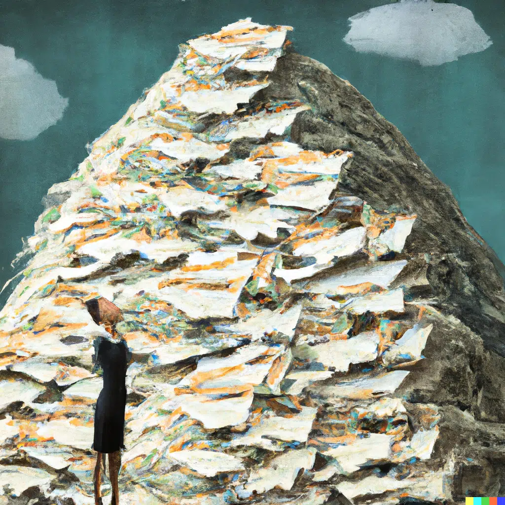Woman staring up at a mountainous pile of papers