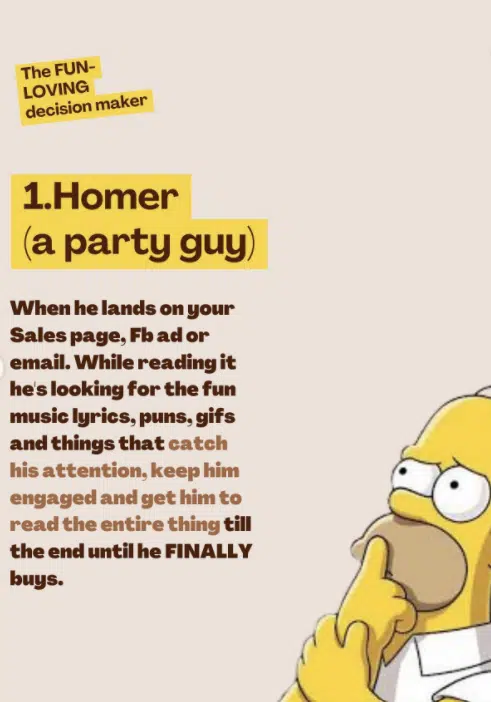 Image of Homer thinking with text describing the fun-loving decision maker