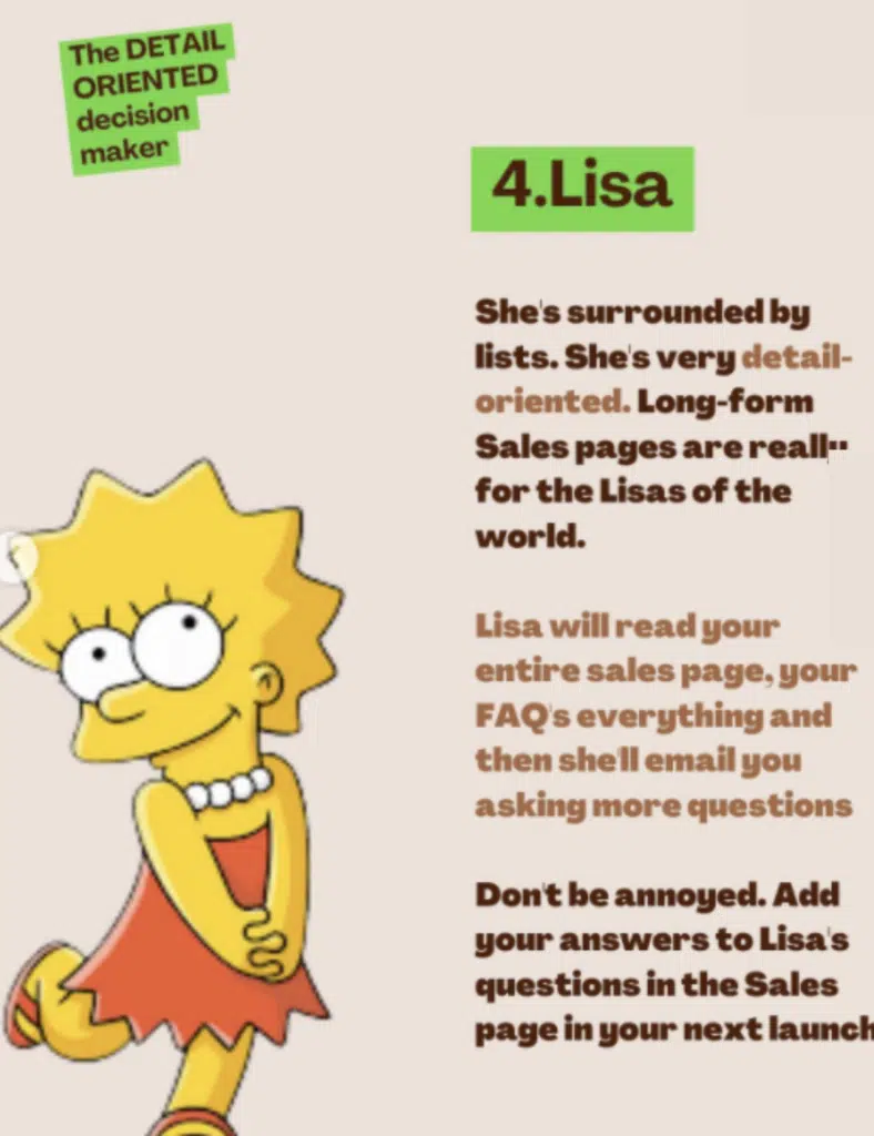 Image of Lisa with text describing detail-oriented decision maker